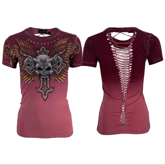 Affliction Women's T-Shirt Hyper Speed Biker Tattoo - Picture 1 of 12